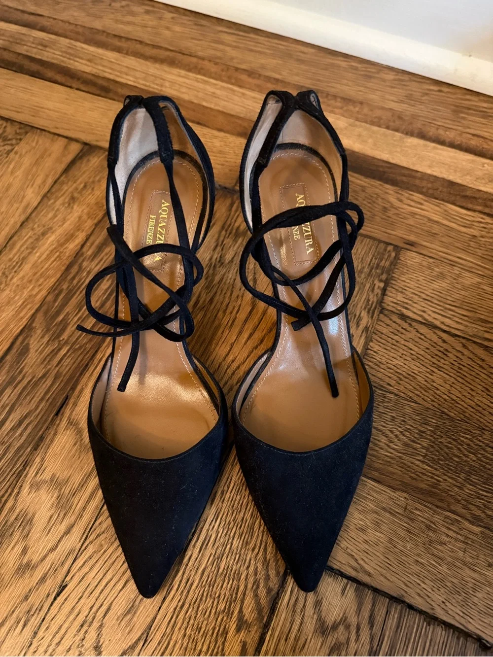 Aquazzura Black Suede Pointed-Toe d’Orsay Stiletto Heels with Ankle Tie